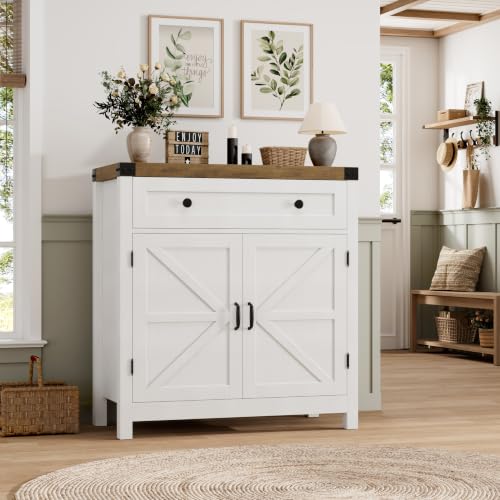 HOSTACK 31.5"W Kitchen Storage Cabinet, Farmhouse Coffee Bar Cabinet, White | Small Buffet Cabinet with Doors & Wide Drawer, Wood Sideboard Buffet, Entry Table w/ Adjustable Shelf for Dining Living Room - color: White