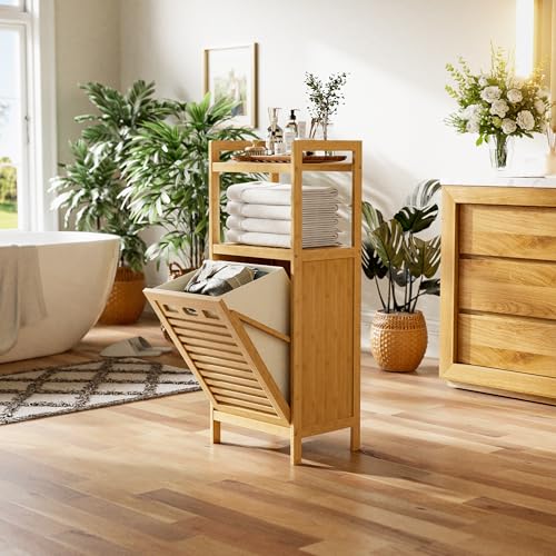 HITNET Tilt Out Laundry Hamper, Bamboo Laundry Basket with Foldable Bag and 2 Open Shelves, Freestanding Clothes Storage Organizer for Bedroom, Bathroom, Living Room, Natural - color: Natural