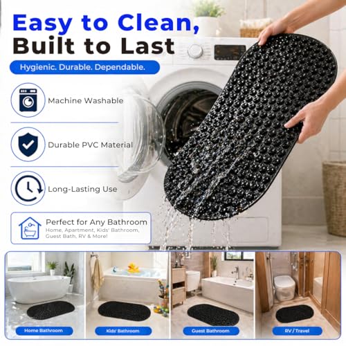 Bath Bliss Jumbo Oval Bath Mat 18x36 Black Color | Non-Slip Aqua Gel Bathtub Mat with Suction Cups | Anti-Slip Shower Safety Mat with Drain Holes