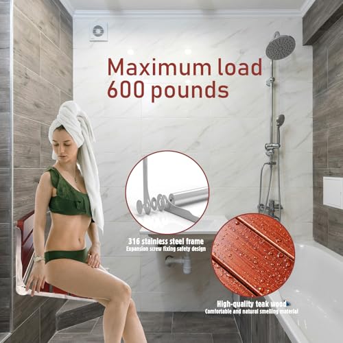 Folding Shower Seat Wall Mounted Shower Bench Teak Folding Shower Chair Wood Seat 316 Stainless Steel Frame Fold Down Shower Seat Reddish Brown 600 lbs,1 Pack - color: Reddish Brown
