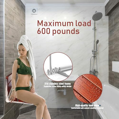 Folding Shower Seat Wall Mounted Shower Bench Teak Folding Shower Chair Wood Seat 316 Stainless Steel Frame Fold Down Shower Seat Reddish Brown 600 lbs,1 Pack - color: Reddish Brown