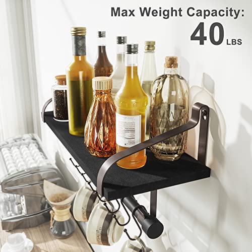 Love-KANKEI 17.3" Floating Wall Shelf Wood/Bracket,Coffee Bar,Black/Brown | Spice Rack,Towel Bar/8 Hooks,40 Lbs/shelf,Easy to Install,For Kitchen,Bathroom,Living Room,Bedroom,Office,Entryway Display - color: Black/Brown