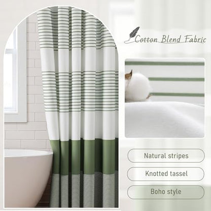 Sage Green Boho Cotton Striped Shower Curtain with Tassel 72"W X 84"L | Extra Long Boho Farmhouse Shower Curtains for Bathroom with Soft Cotton Feel - color: Sage Green, size: 72"W x 84"L