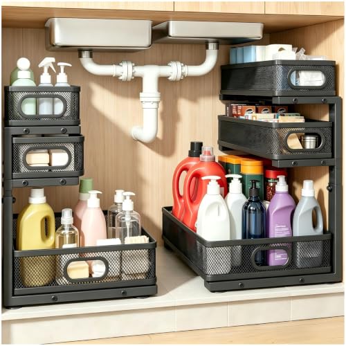 2 Pack Bathroom Under Sink Organizer, 3-Tier Pull Out Kitchen Cabinet Organizer with 5 Adjustable Heights Metal Slide Out Storage Makeup Drawer Rack for Bedroom Office Pantry Home Organization, Black - color: 3-Tier-Black