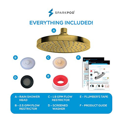 SparkPod Rain Shower Head, 8 Inch Round, Egyptian Gold Finish | High Pressure Shower Heads, 90 Nozzles, Adjustable Showerhead, No Tools Needed, Universal Connection - color: Egyptian Gold, style: 8 Inch Round