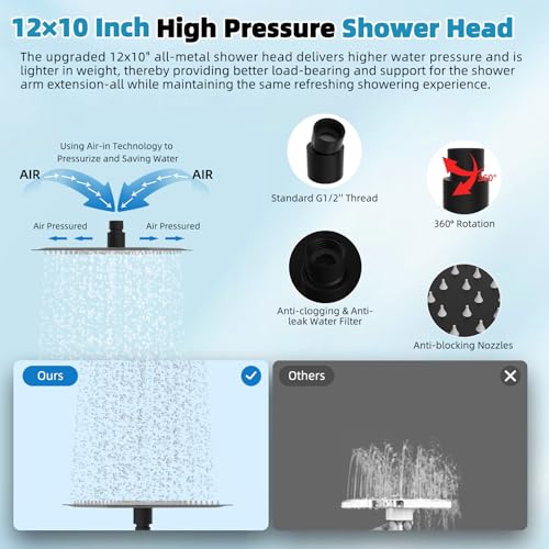 Hibbent 12'' Rainfall Shower Head with 4-mode Handheld Spray, Matte Black | cUPC Certified High Pressure Showerhead Combo, 12'' Adjustable Extension Arm, Extension Bar, Easy Reach Holder, 71'' Hose - color: Matte Black, style: Square 12''