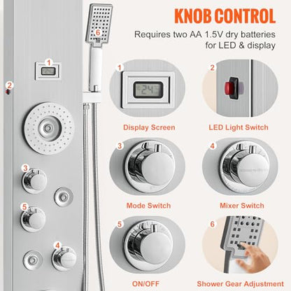 VEVOR Shower Panel Tower System, 6 Shower Modes, LED & Display Shower Panel, Rainfall, Waterfall, 4 Body Massage Jets, Tub Spout, Handheld Shower Head 59" Hose, Stainless Steel Wall-Mounted Shower Set