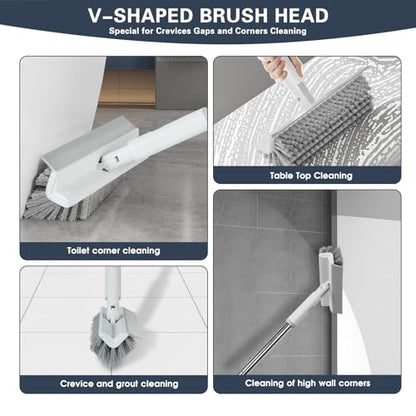 4 in 1 Snap Grip Mini Mop with Squeegee, Floor Scrub Brush with Long Handle | Click Mop, 2 Shiny Towels Wipes Cleaning Cloths, 2 Crevice Brush, Snap Grip Mop for Windows Car Glass Floor Shower Bathroom