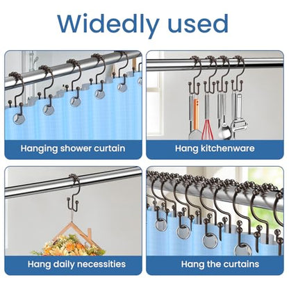 Bronze Shower Curtain Hooks Double Sided with Roller Balls | for Bathroom Rods, for Shower Curtain and Liner, Smooth Gliding, Rustproof Metal, Set of 12 Hooks - color: Bronze