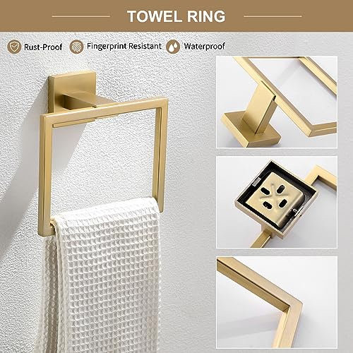 TQKAG 6-Piece Bathroom Towel Bar Sets Brushed Gold 23.6 inch Towel Bar Stainless Steel Towel Ring Coat Hook and Toilet Paper Holder Bathroom Hardware Set Wall Mounted Bathroom Accessories Kit | Stainless Steel, Wall Mounted Brushed Gold Bathroom Accessori