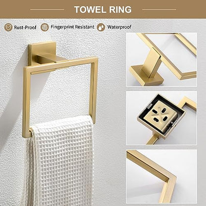 TQKAG 6-Piece Bathroom Towel Bar Sets Brushed Gold 23.6 inch Towel Bar Stainless Steel Towel Ring Coat Hook and Toilet Paper Holder Bathroom Hardware Set Wall Mounted Bathroom Accessories Kit | Stainless Steel, Wall Mounted Brushed Gold Bathroom Accessori
