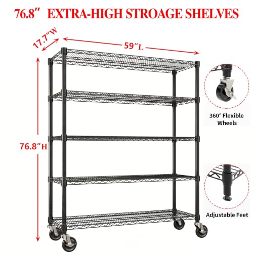 Garvee Storage Shelves, 5-Tier Metal Shelving Units with Wheels, 73" H x 59" W x 17.1" D, 3300 LBS Heavy Duty Wire Shelving Rolling Rack for Garage Kitchen Home Basement, Adjustable, Black | 76.8"Hx59"Wx17.7"D, Adjustable, Heavy Duty, Wire Shelving Rack,