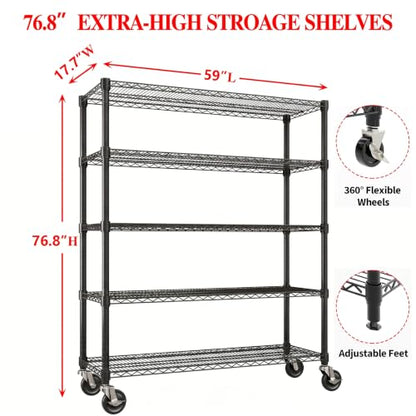 Garvee Storage Shelves, 5-Tier Metal Shelving Units with Wheels, 73" H x 59" W x 17.1" D, 3300 LBS Heavy Duty Wire Shelving Rolling Rack for Garage Kitchen Home Basement, Adjustable, Black | 76.8"Hx59"Wx17.7"D, Adjustable, Heavy Duty, Wire Shelving Rack,