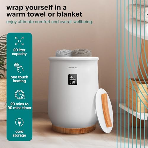 SereneLife Digital Display Bucket Towel Warmers, White Large Towel Warmer for Spa and Bathroom, Luxury Towel Heater Gifts for Him & Her, Auto Shut-Off, Fits 2 large, Blankets, Bathrobes - color: Oak Grain