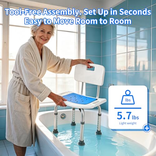 Shower Chair with Back, 300 lbs Capacity Heavy Duty Bath Seat, 6-Level Adjustable Height Shower Seat for Inside Shower, Tool-Free Assembly Aluminum Shower Stool with Back for Elderly Adults