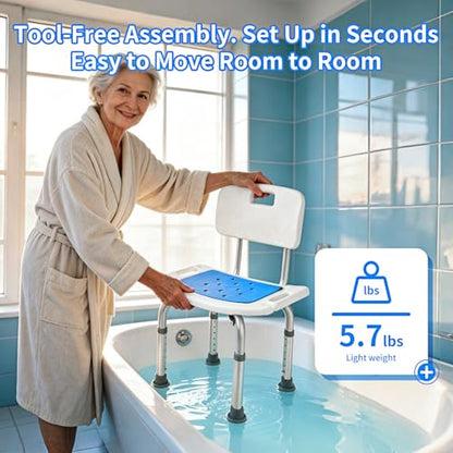 Shower Chair with Back, 300 lbs Capacity Heavy Duty Bath Seat, 6-Level Adjustable Height Shower Seat for Inside Shower, Tool-Free Assembly Aluminum Shower Stool with Back for Elderly Adults