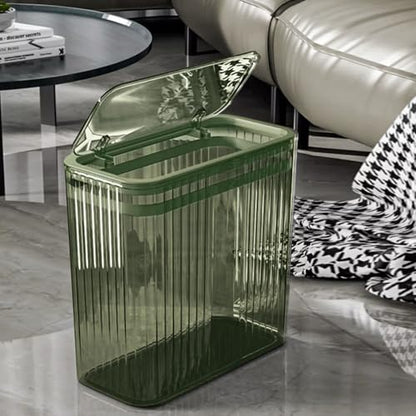Bathroom Trash Cans with Lids, 3.5 Gallon (Green) | Garbage Can for Bedroom, Office, Plastic Slim Waste Basket with Press Top Lid, 15L Clear Trash Bin for Home, Kitchen - color: Green, style: Side Opening