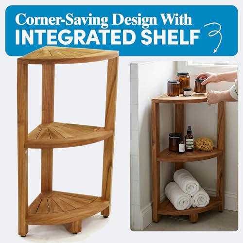 AquaTeak Kai-Petite 12" Teak Corner Shelf Stand, 3 Tier Shower Stand | Space-Saving Design, Durable Water-Resistant Teak, Anti-Slip Feet