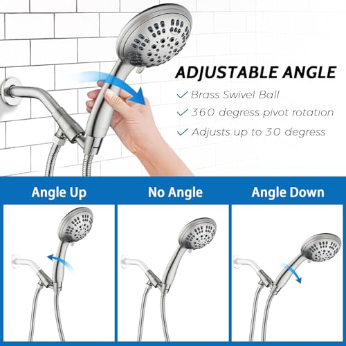 G-Promise Shower Head with Metal Shower Holder and Long Hose | High Pressure, Solid Brass Holder, 6 Spray Settings, 70" to 75" Stainless Steel Hose, Adjustable Angle, Easy DIY - color: Brushed Nickel