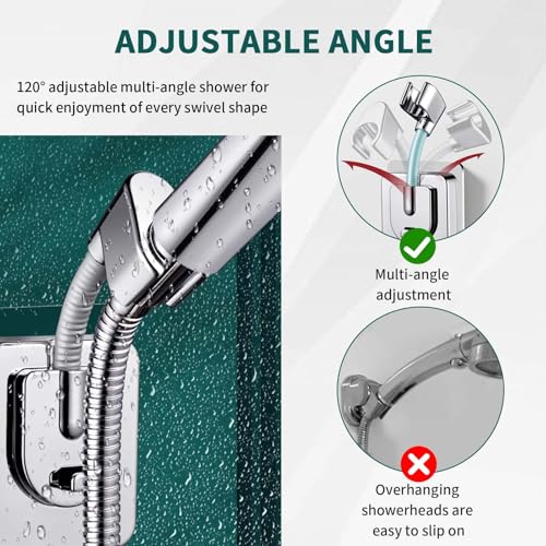 Shower Head Holder Wall Mount, 360° Adjustable Handheld, No-Drill Strong Adhesive Wand Bracket, Waterproof, Fits Handles up to 0.83 in (2.1 cm), Bathroom Accessories, Chrome Finish
