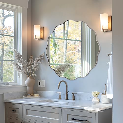 ANDY STAR Brushed Nickel Round Bathroom Mirror, 30 Inch Round Circle Mirror in Stainless Steel Metal Frame, Large Silver Vanity Mirror with Unique Wavy Design - color: Brushed Nickel, size: 30"L x 30"W