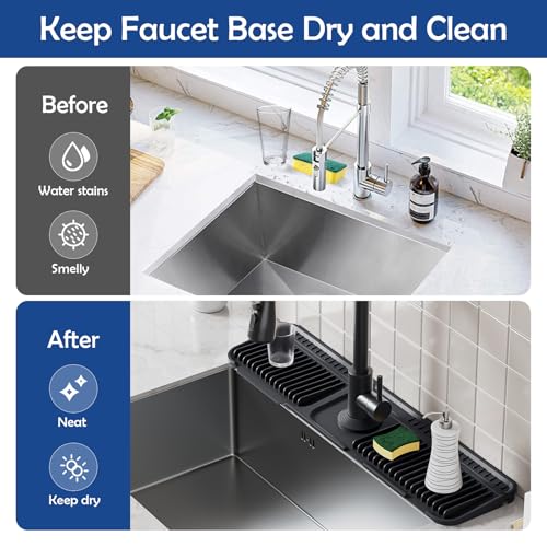 24"Longer Silicone Faucet Mat For Kitchen Sink Splash Guard Black, 24"x5.5" | 7° Slope Snap Lock- Sink Faucet Mat Splash Guard Kitchen Sink Area Silicone Sink Water Splash Guard Behind Faucet - color: Black
