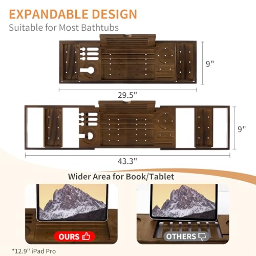 Wood Bathtub Tray Table - Foldable Bath Tray for Tub with Expandable Handles, Wine Glass & Phone Holder, Book Stand - Enhance Home Spa Experience with Natural TeakMaterial, Walnut - color: Walnut