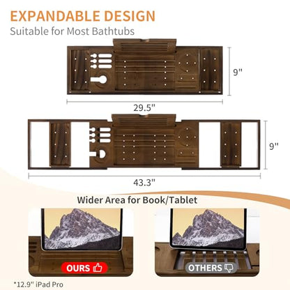 Wood Bathtub Tray Table - Foldable Bath Tray for Tub with Expandable Handles, Wine Glass & Phone Holder, Book Stand - Enhance Home Spa Experience with Natural TeakMaterial, Walnut - color: Walnut