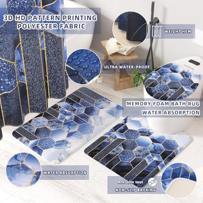 XLHOMO Bathroom Set - 26PC Bathroom Set with Shower Curtain and Rugs, Bathroom Accessory Set, Navy Blue Bathroom Sets, Trash Can & Soap Dispenser - style: Navy Blue&Gold