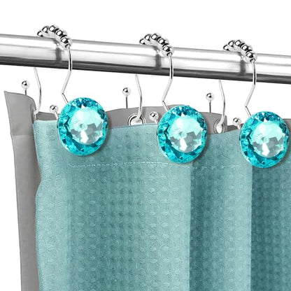 Sunlit Luxury Design Round Teal Blue Diamond Crystal Gem Bling with Glide Balls Double Shower Curtain Hooks for Mermaid Shower Curtains, Rust Proof Metal Rhinestones Glam Shower Curtain Rings-12 Pack - color: Teal With Double Hooks