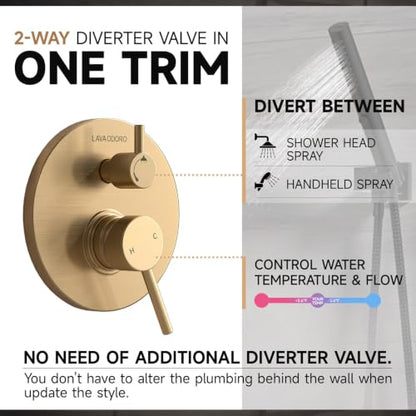 Lava Odoro Champagne Gold Rain Shower System Faucet Set, SF104-CB | 2-Setting Round Shower Valve Trim Kit, Gold Shower Head Set with Sprayer, 10 Inch, Rough-in Valve Included - color: Champagne Gold, style: Without Tub Spout