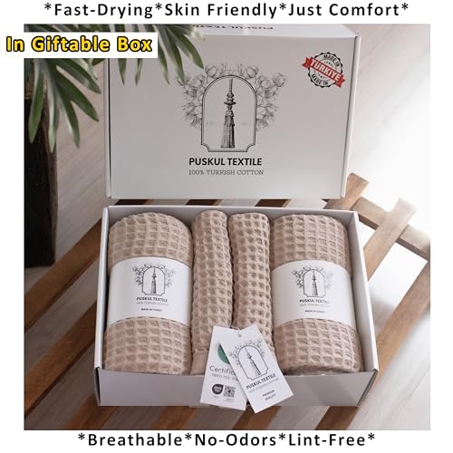 PÜSKÜL Natural 100% Turkish Cotton Waffle Towels Set of 4-Piece, Beige | 2-Bath sheet (Extra-large 32x63") and 2-Hand towel (Large 32x16"). Premium honeycomb-waffle weave, oeko-tex made in Turkiye. - color: Beige