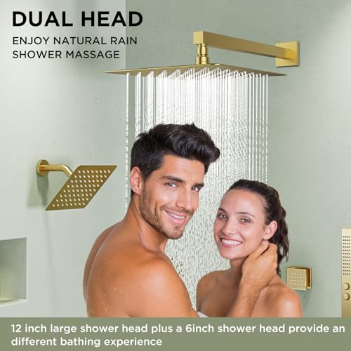 Shower System with 4 Body Spray Jets, STARBATH 4 Way 12 + 6"Rainfall Shower Head with Handheld Combo, Wall Mounted Shower Jets System in Wall Shower Faucet Set, Brushed Gold - color: Gold, size: 6"+12"-04