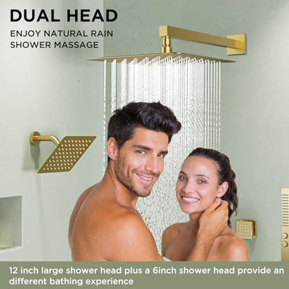 Shower System with 4 Body Spray Jets, STARBATH 4 Way 12 + 6"Rainfall Shower Head with Handheld Combo, Wall Mounted Shower Jets System in Wall Shower Faucet Set, Brushed Gold - color: Gold, size: 6"+12"-04