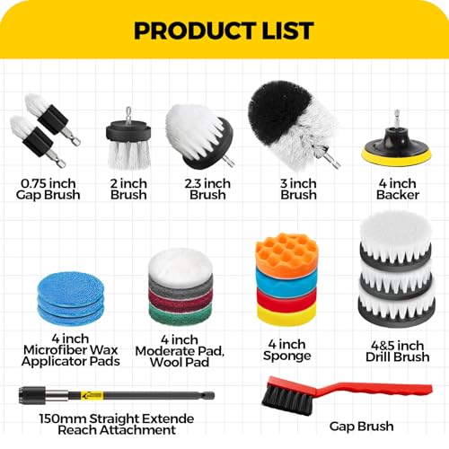 Holikme 22Pack Drill Brush Attachments Set, Scrub Pads & Sponge, Buffing Pads, Power Scrubber Brush, Car Polishing Pad Kit,Wax Applicator Pad,Car Cleaning Kit,Cleaning Supplies,Masonry Brushes,White | Buffing Sponges, Nylon Grout Tools, Microfiber Wax Pad