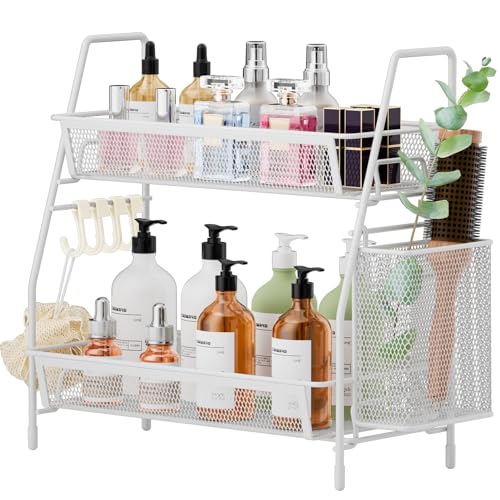 VITVITI 2-Tier Bathroom Organizer Countertop, Metal Wire Mesh Bathroom Counter Organizer Storage with Basket Hooks, Vanity Tray Shelf, Kitchen Spice Rack, Small White - color: Small White Wire Mesh