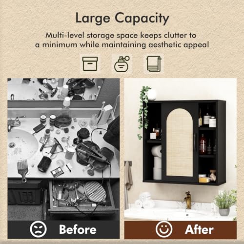 RUSTOWN Boho Rattan Bathroom Wall Cabinet with Sliding Door, Black | Farmhouse Bathroom Cabinet, Adjustable Shelves, Over The Toilet Storage Cabinet, 3-Tier Wall Mounted Cabinets - color: Black