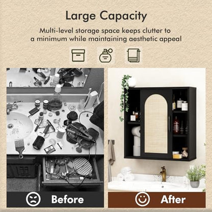 RUSTOWN Boho Rattan Bathroom Wall Cabinet with Sliding Door, Black | Farmhouse Bathroom Cabinet, Adjustable Shelves, Over The Toilet Storage Cabinet, 3-Tier Wall Mounted Cabinets - color: Black