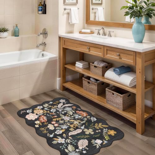 Bathroom Rugs 30x20 Bath Mat: Boho Washable Low-Pile Thin Door Mat Black | Non Slip Soft Scalloped Floral Small Area Rug for Kitchen Floor Bedroom - Throw Carpet for Home Decor Accessories - color: Black, size: 1'7" x 2'6" (Rectangular)