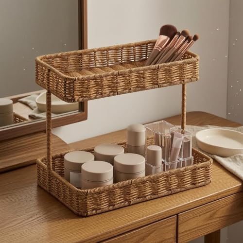 Two Tier Storage Rack Woven Rattan Storage Rack Thickened Edges Countertop Organizer for Vanity Table, Large, Widened Lower Layer - size: Large, Widened Lower Layer