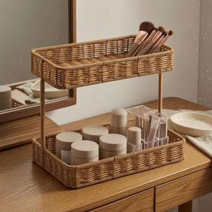Two Tier Storage Rack Woven Rattan Storage Rack Thickened Edges Countertop Organizer for Vanity Table, Large, Widened Lower Layer - size: Large, Widened Lower Layer