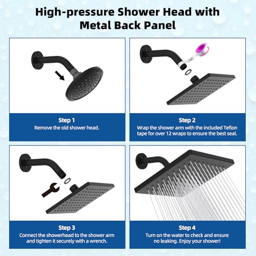 Hibbent cUPC Certified Thickness Metal 6'' Rain Shower Head, Matte Black | High Pressure Shower Head, Bathroom Waterfall Shower Heads, High Flow Fixed Showerheads with Adjustable Brass Ball Joint - color: Matte Black, style: Square 6''