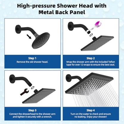 Hibbent cUPC Certified Thickness Metal 6'' Rain Shower Head, Matte Black | High Pressure Shower Head, Bathroom Waterfall Shower Heads, High Flow Fixed Showerheads with Adjustable Brass Ball Joint - color: Matte Black, style: Square 6''