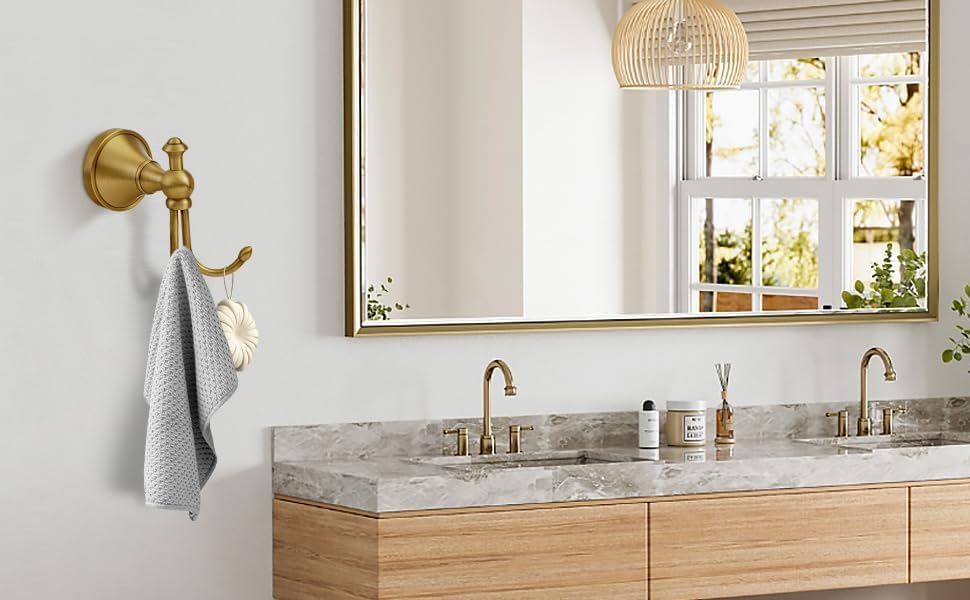 Antique Brass Towel Hook, Brass Bathroom Robe Hook, Rustic Double Towel Hooks Bath Farmhouse Coat Clothes Hook Wall Mounted for Bathroom Kitchen Washroom - color: Antique