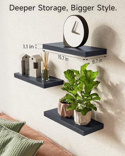 BAYKA Floating Shelves for Wall, Wall Mounted Rustic Wood Shelves for Bathroom, Bedroom, Living Room, Kitchen, Hanging Shelf for Books/Storage/Room Decor with 22lbs Capacity (Black, Set of 3, 15.7in) | Easy Install, Space Saving, Hidden Bracket, Wall Shel