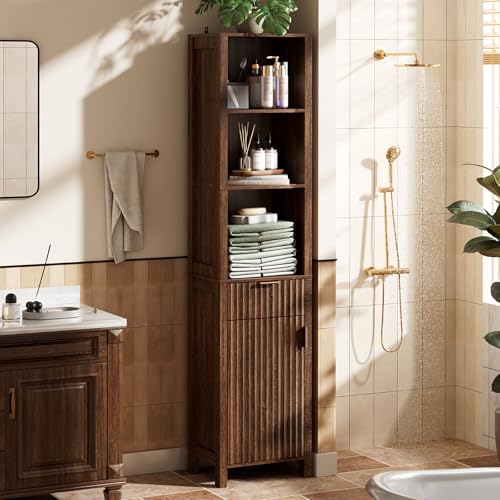VINGLI 68" Tall Narrow Bathroom Storage Cabinet, Slim Freestanding Floor Cabinet with Fluted Door & Drawer, 12 Inch Deep Skinny Wood Organizer for Small Spaces, Kitchen & Living Room, Dark Walnut - color: Dark Walnut, size: 68"H Narrow Cabinet