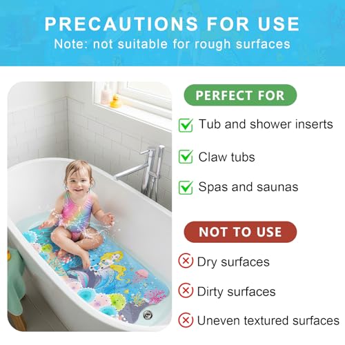Upgrade Cartoon Baby Bath Mat Non Slip - 40"x16" Extra Long Bathtub Mat for Baby Eco Friendly Durable Bath Mat for Tub Non Slip Kids Tub Mat with Suction Cups, Machine Washable and No Fading, Mermaid - color: E-mermaid-2