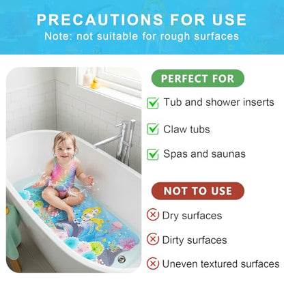 Upgrade Cartoon Baby Bath Mat Non Slip - 40"x16" Extra Long Bathtub Mat for Baby Eco Friendly Durable Bath Mat for Tub Non Slip Kids Tub Mat with Suction Cups, Machine Washable and No Fading, Mermaid - color: E-mermaid-2
