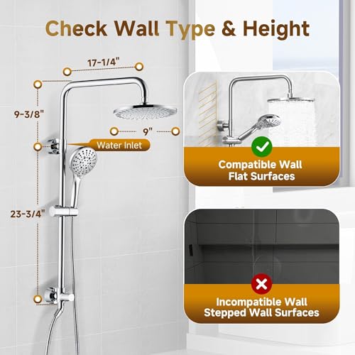 BRIGHT SHOWERS Rain Shower Heads System Including 9 Inch Rainfall Shower Head and Handheld Shower Head with Height Adjustable Holder, Solid Brass Rail and 60" Long Stainless Steel Shower Hose, Chrome - color: chrome plated, size: 2.5 Gallon Per Minute