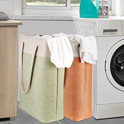 Laundry Basket with Handles Beige&Green Slim Laundry Bin Collapsible Dirty Clothes Basket Narrow Laundry Bag Foldable Dirty Hamper for Camping, Dorms, Apartments - color: Beig&Green